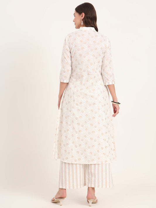 White Floral Printed Cotton Kurta Pant Sets