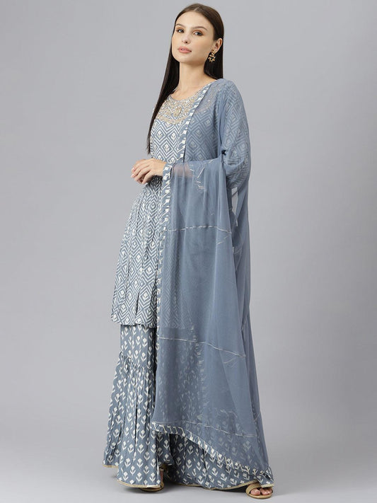 Grey Muslin Embroidery Peplum Kurta Sharara Set with Dupatta For Women