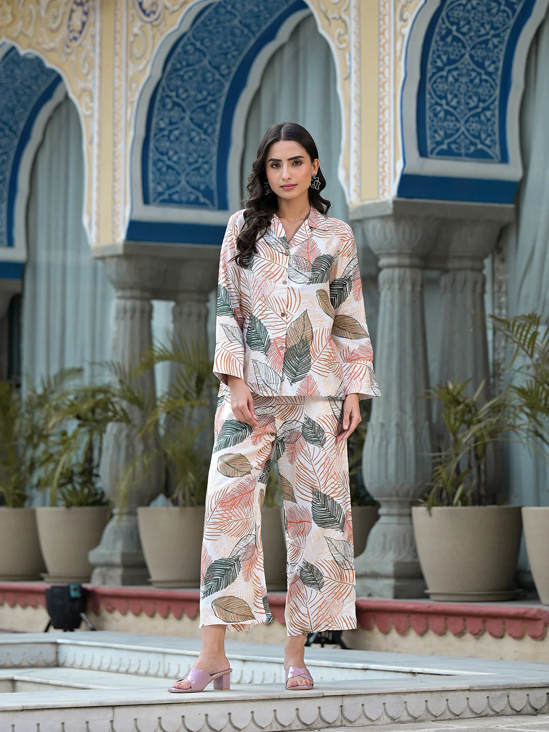 MultiColored Leaf Printed Muslin Casual Co-ord Set