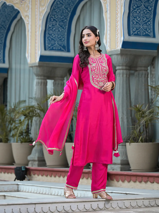 Rani Pink Cotton Jardozi Mix Hand Work Ethnic Kurta Set
