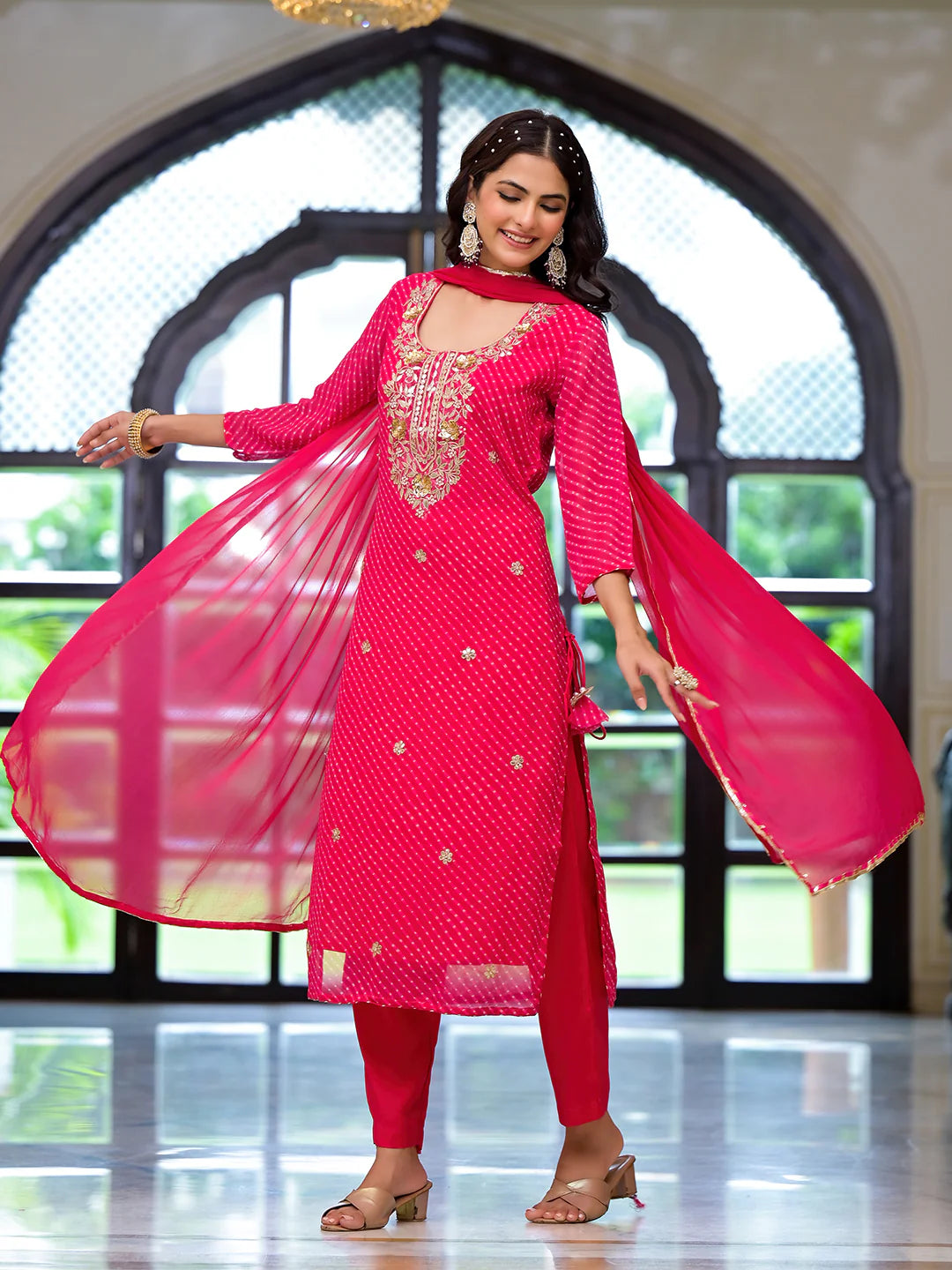 Georgette Pink With Shiffon Dupatta Leheriya Printed Ethnic Kurta Sets