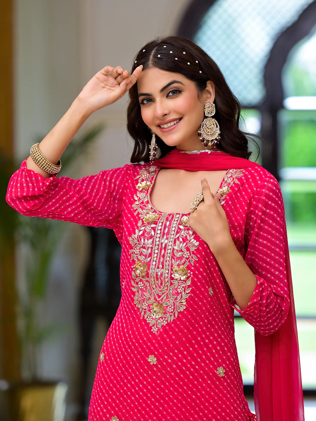 Georgette Pink With Shiffon Dupatta Leheriya Printed Ethnic Kurta Sets
