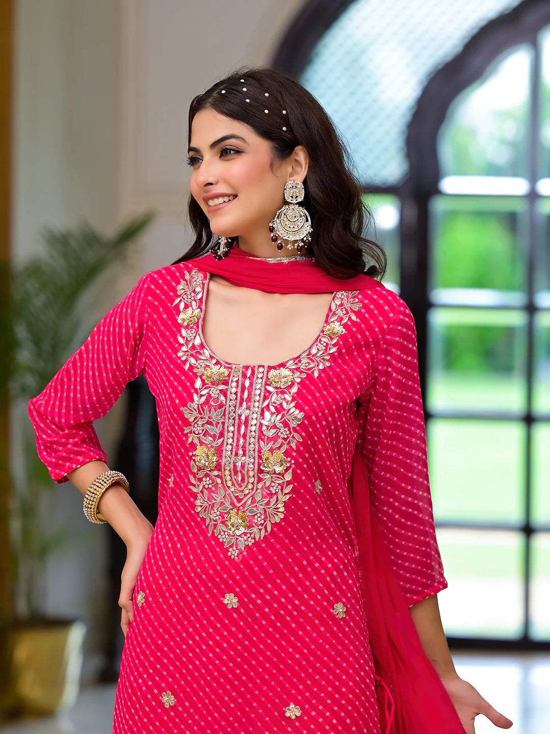Georgette Pink With Shiffon Dupatta Leheriya Printed Ethnic Kurta Sets