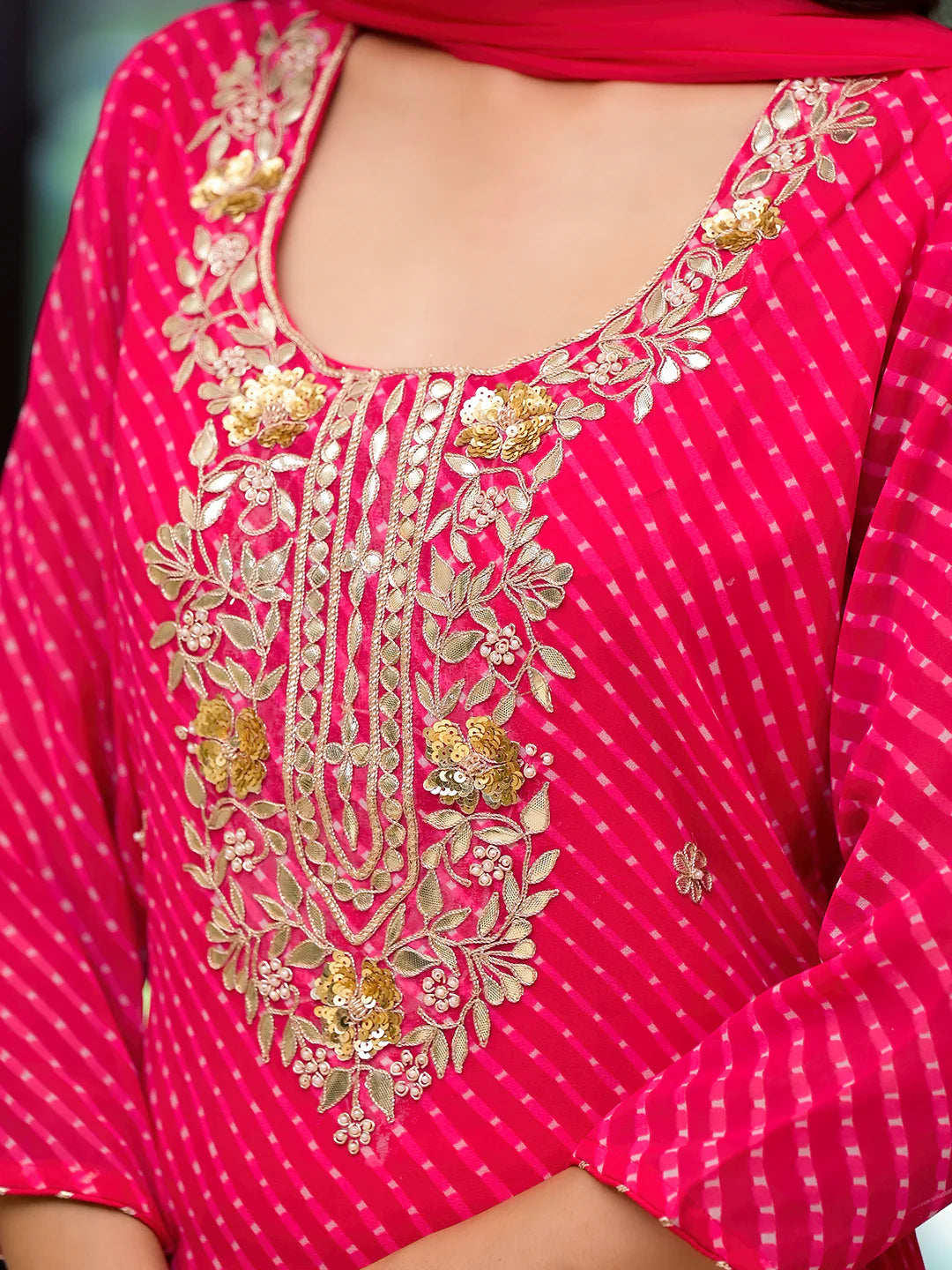 Georgette Pink With Shiffon Dupatta Leheriya Printed Ethnic Kurta Sets