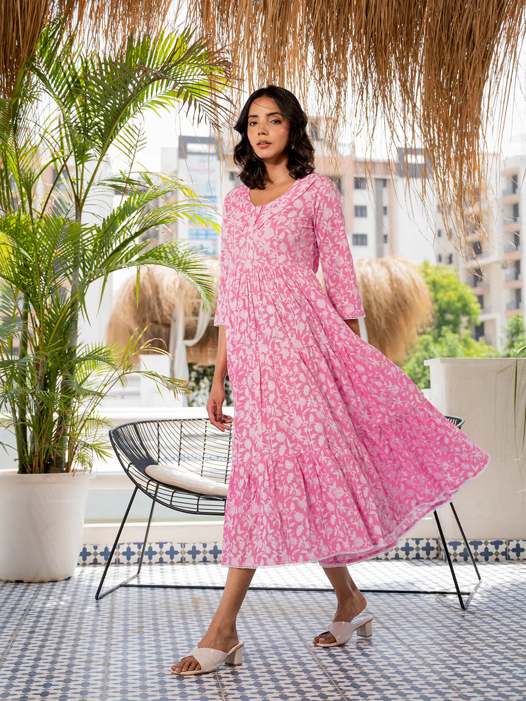 Pink Floral Cotton Calf Length Ethnic Casual Dress Pink Floral Cotton Calf Length Ethnic Casual Dress