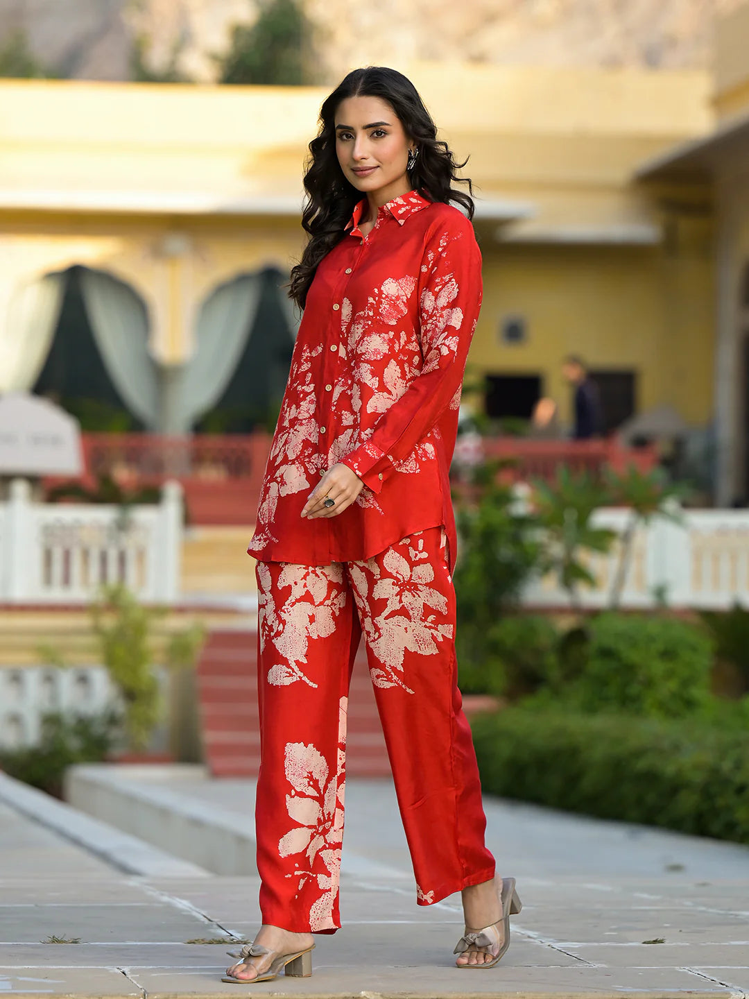 Red Hand Painted Muslin Ethnic Casual Co-ord Set