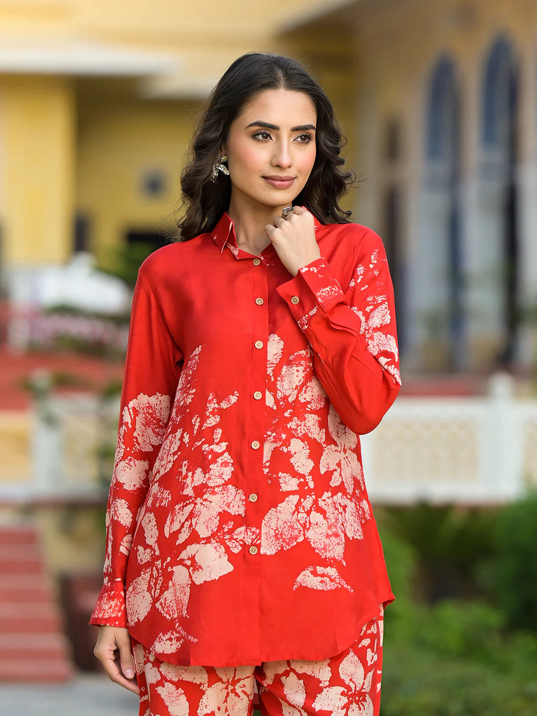 Red Hand Painted Muslin Ethnic Casual Co-ord Set