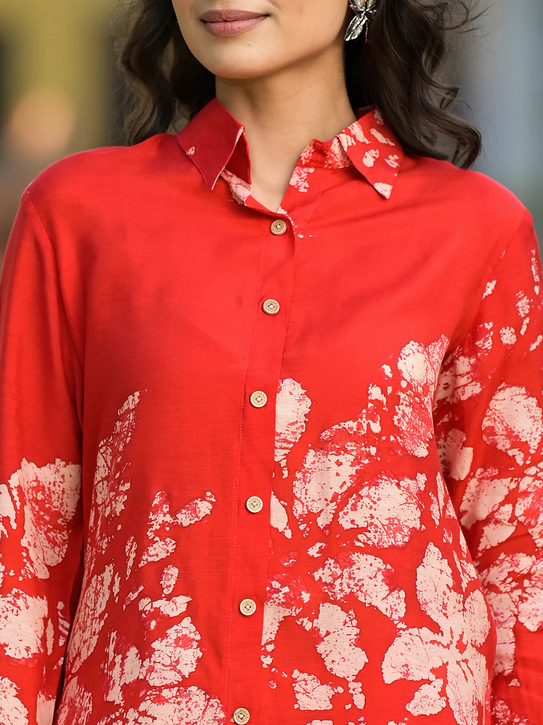 Red Hand Painted Muslin Ethnic Casual Co-ord Set