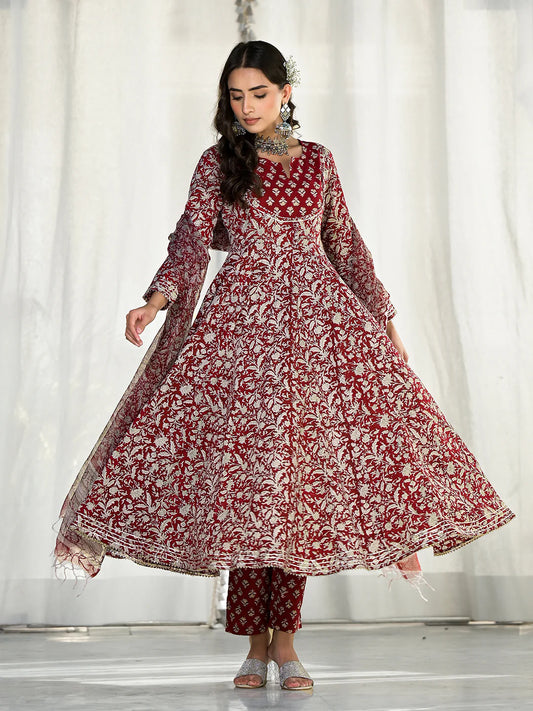 Maroon Cotton Ethnic Floral Print Anarkali Kurta Set