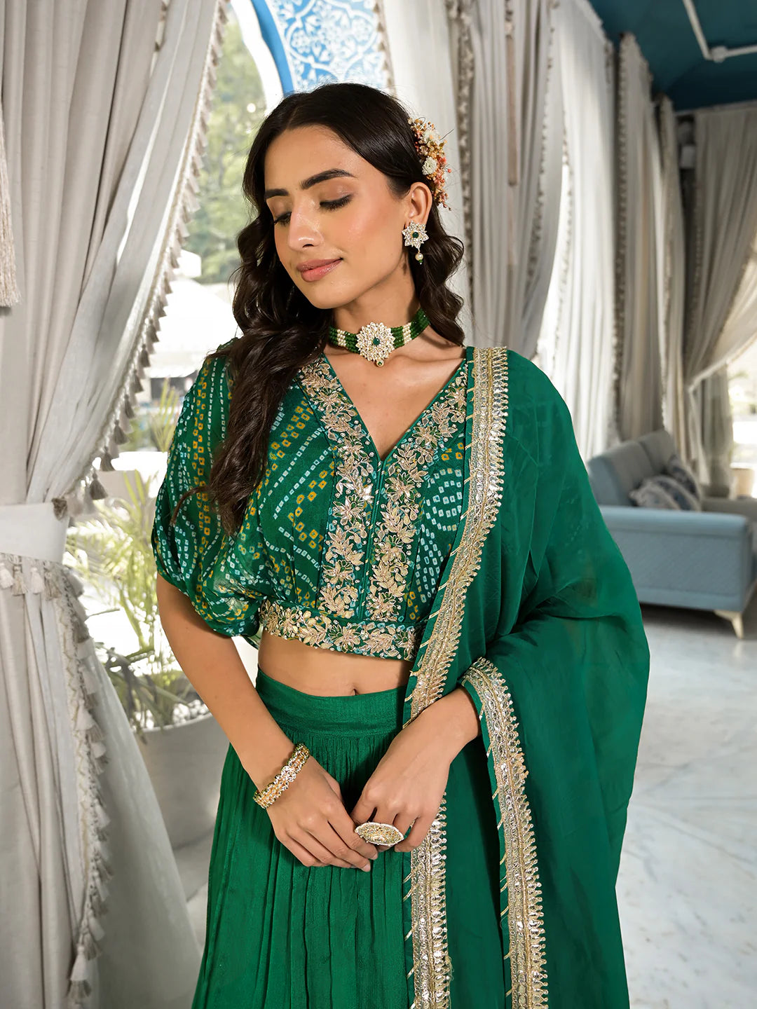 Green Chinon Bandhani Print Crop Top Ethnic Lehenga Choli