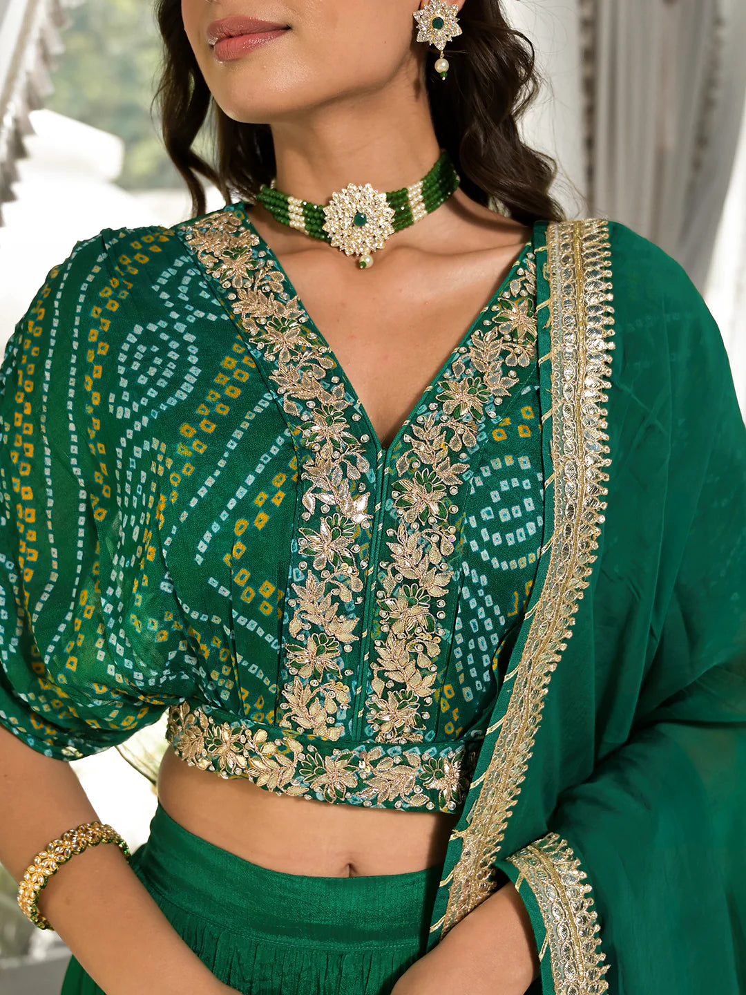 Green Chinon Bandhani Print Crop Top Ethnic Lehenga Choli