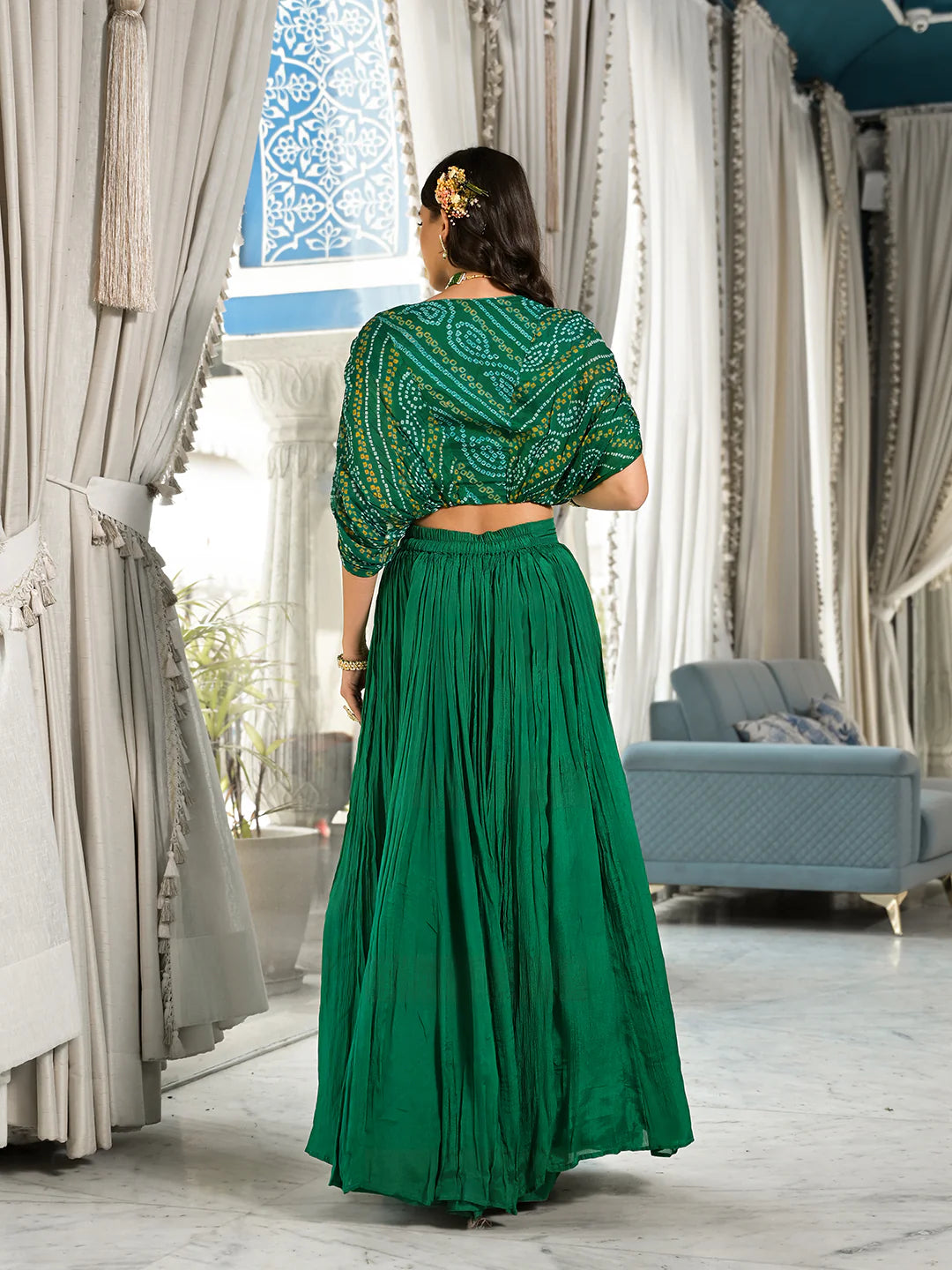 Green Chinon Bandhani Print Crop Top Ethnic Lehenga Choli