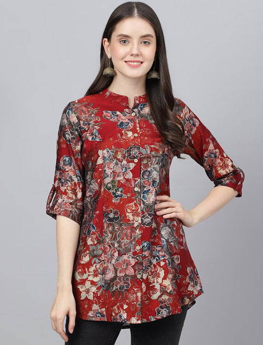 Red Women Floral Printed Mandarin Collar Roll-Up Sleeves Shirt Style Top