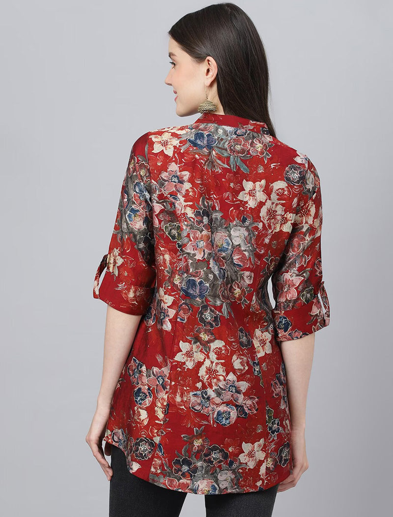 Red Women Floral Printed Mandarin Collar Roll-Up Sleeves Shirt Style Top