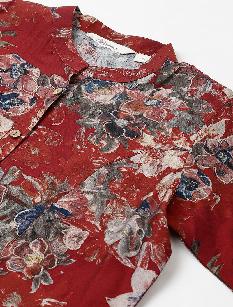 Red Women Floral Printed Mandarin Collar Roll-Up Sleeves Shirt Style Top