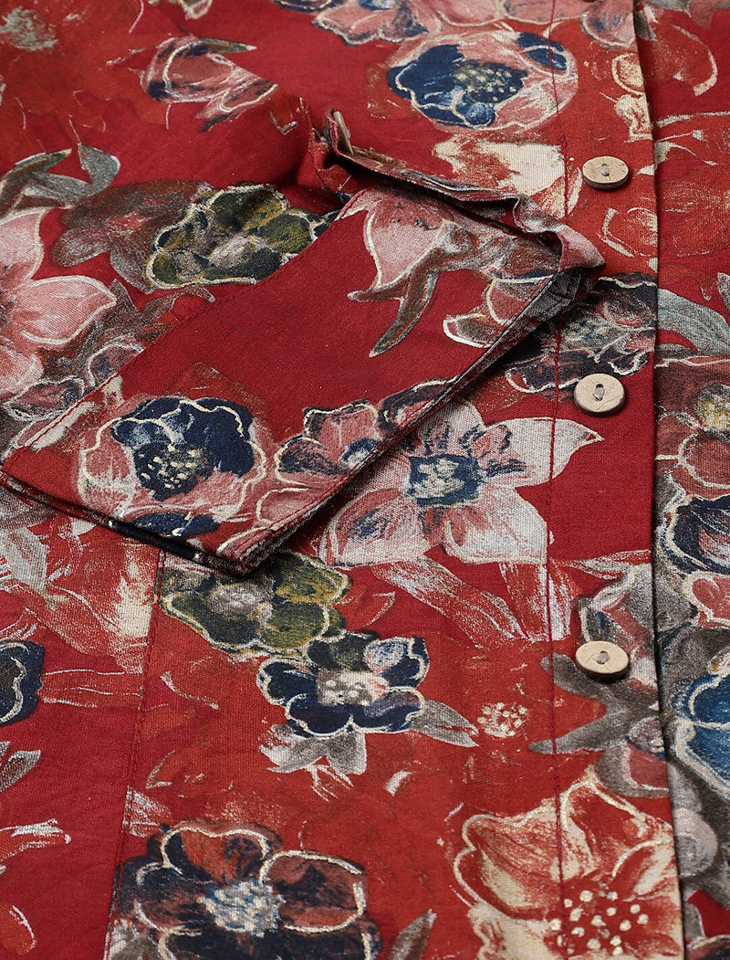 Red Women Floral Printed Mandarin Collar Roll-Up Sleeves Shirt Style Top