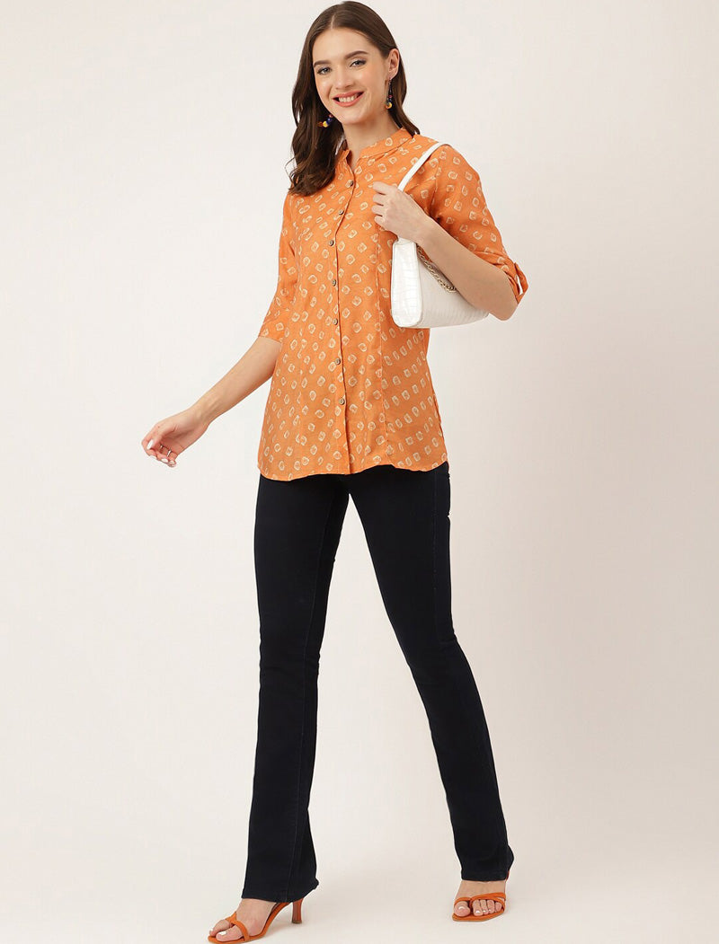 Mustard yellow Women Floral Ethnic Motifs Printed Mandarin Collar Top