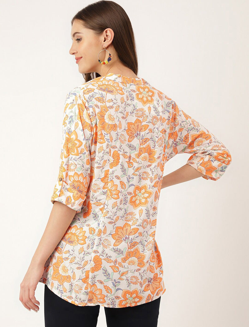 Orange Women Floral Printed Mandarin Collar Three-quarter Regular Sleeves Top