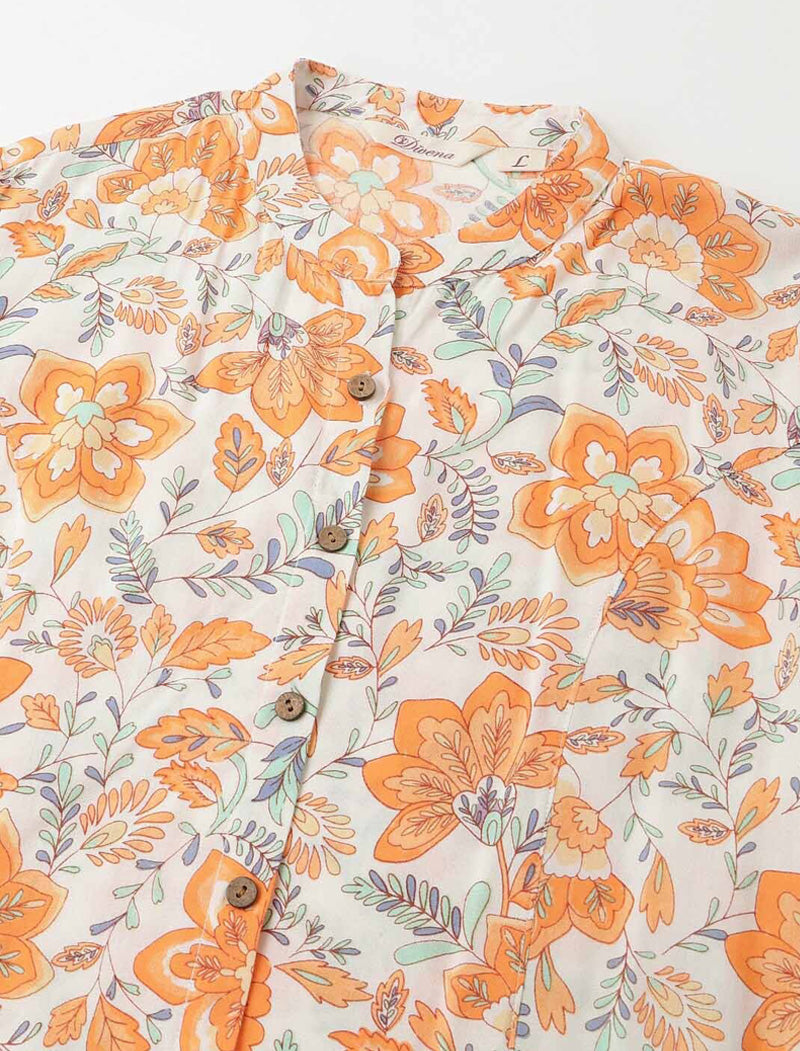Orange Women Floral Printed Mandarin Collar Three-quarter Regular Sleeves Top