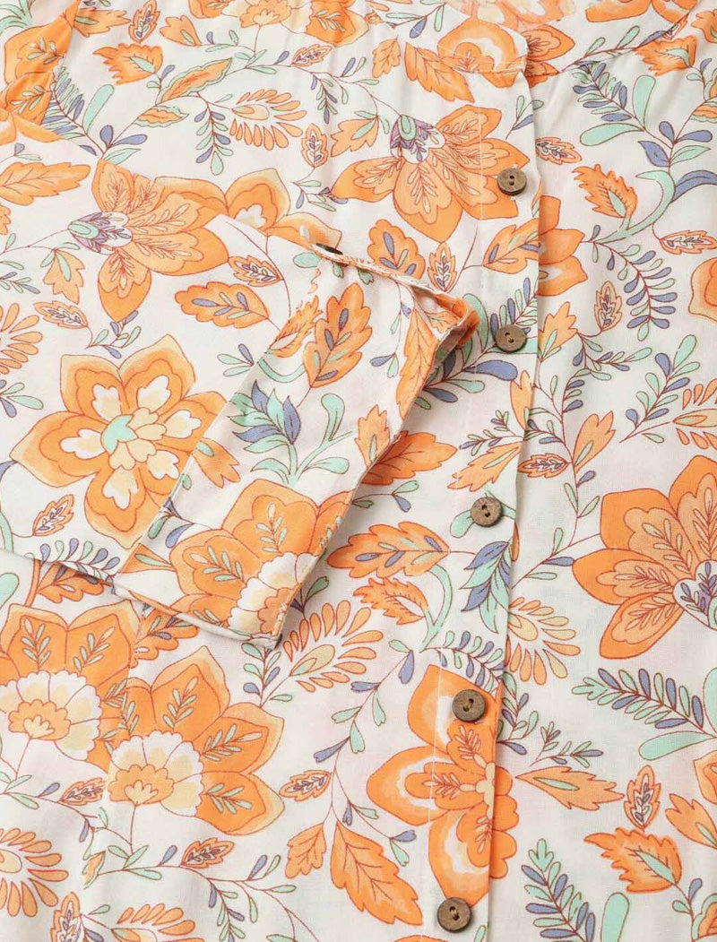 Orange Women Floral Printed Mandarin Collar Three-quarter Regular Sleeves Top