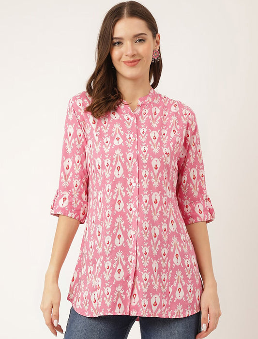 Pink Women Ethnic Motifs Printed Mandarin Collar Roll-Up Sleeves Shirt Style Longline Top