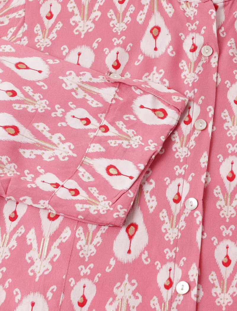 Pink Women Ethnic Motifs Printed Mandarin Collar Roll-Up Sleeves Shirt Style Longline Top