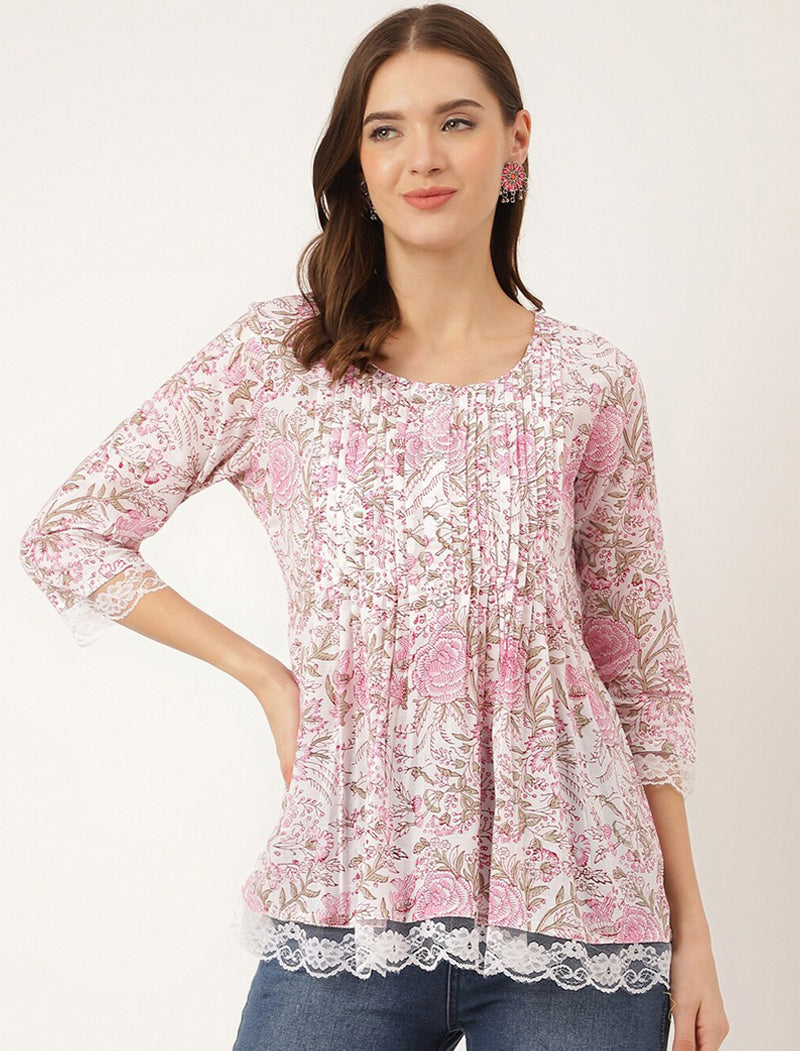 Pink Women Floral Printed Round Neck Cotton Regular Top