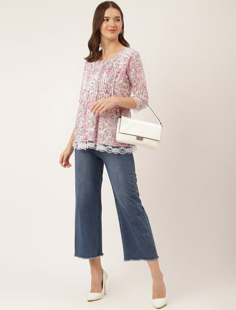 Pink Women Floral Printed Round Neck Cotton Regular Top