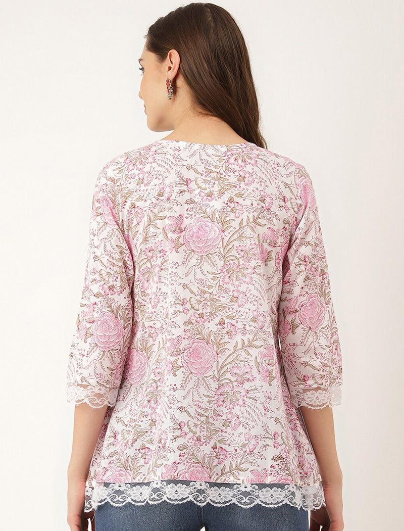Pink Women Floral Printed Round Neck Cotton Regular Top