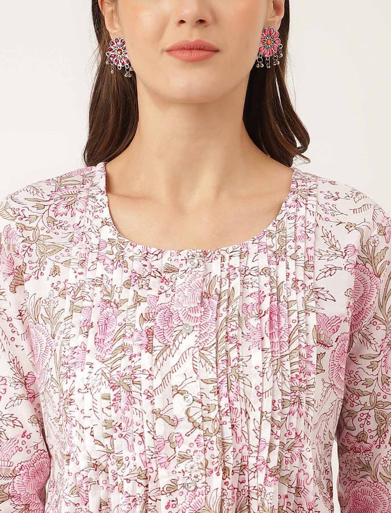 Pink Women Floral Printed Round Neck Cotton Regular Top
