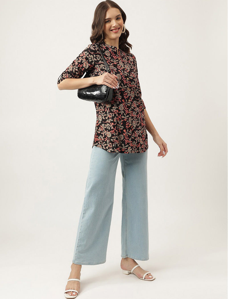 Black Floral Printed Mandarin Collar Shirt Style Viscose Rayon Top