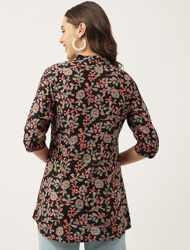 Black Floral Printed Mandarin Collar Shirt Style Viscose Rayon Top