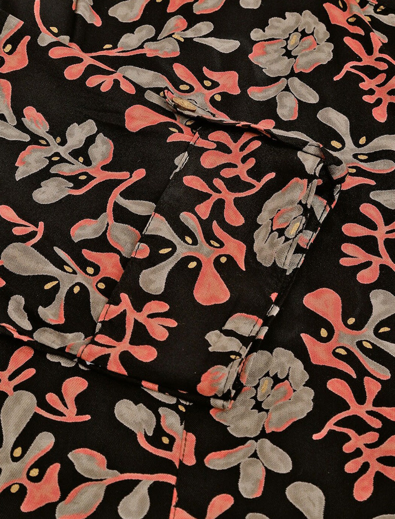 Black Floral Printed Mandarin Collar Shirt Style Viscose Rayon Top