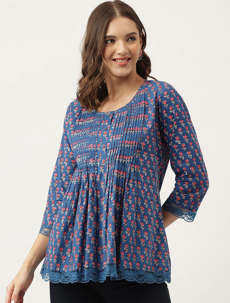 Blue Women Ethnic Motifs Printed A-Line Knitted Cotton Regular Sleeves Top