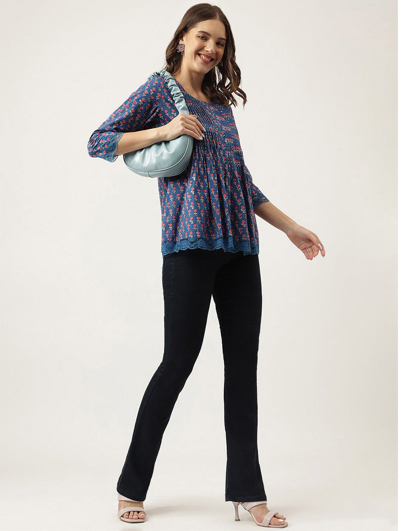 Blue Women Ethnic Motifs Printed A-Line Knitted Cotton Regular Sleeves Top