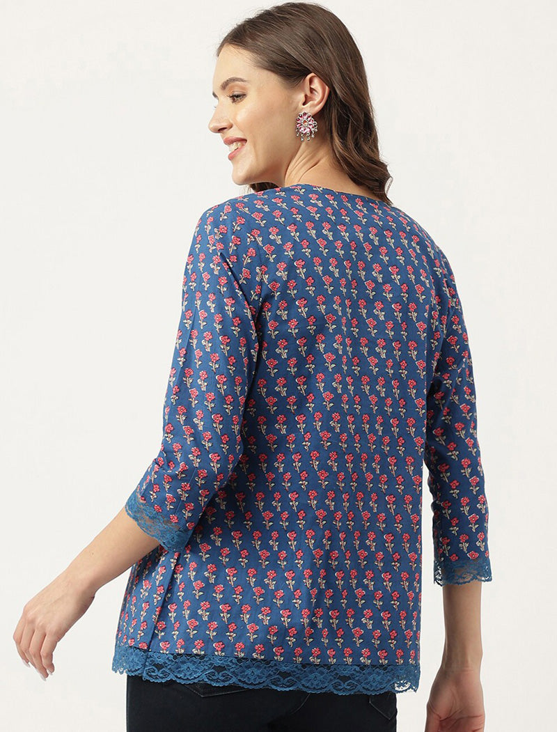 Blue Women Ethnic Motifs Printed A-Line Knitted Cotton Regular Sleeves Top