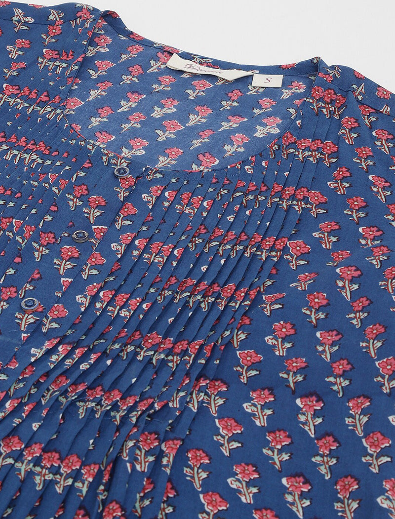 Blue Women Ethnic Motifs Printed A-Line Knitted Cotton Regular Sleeves Top