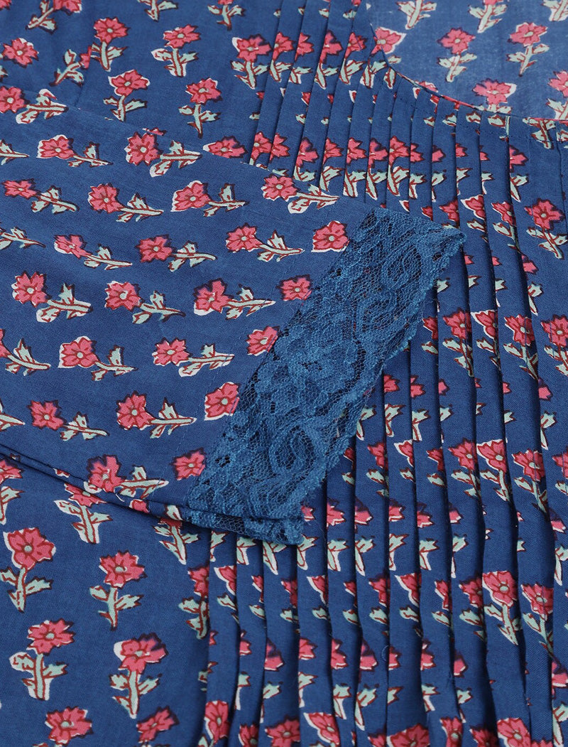 Blue Women Ethnic Motifs Printed A-Line Knitted Cotton Regular Sleeves Top