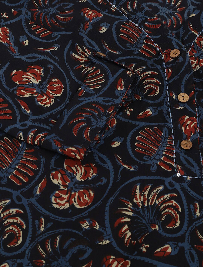 Navy Blue Women Floral Printed V-Neck Knitted cotton Top