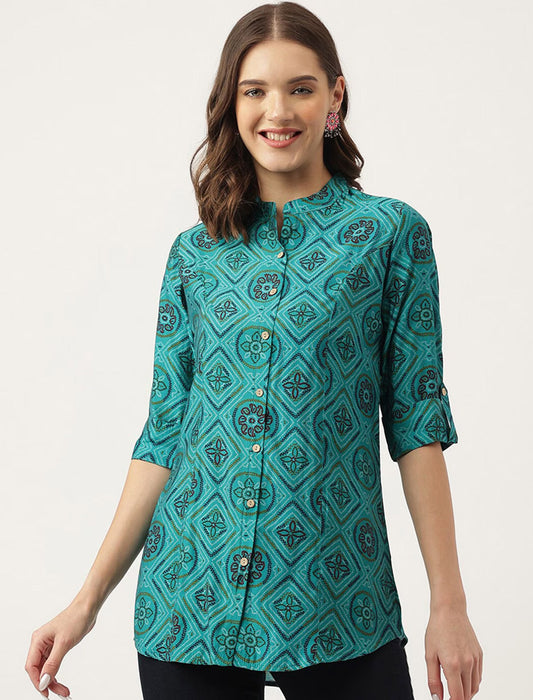 Turquoise Blue Geometric Printed Mandarin Collar Roll-Up Sleeves Shirt Style Top