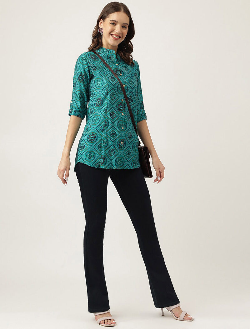 Turquoise Blue Geometric Printed Mandarin Collar Roll-Up Sleeves Shirt Style Top