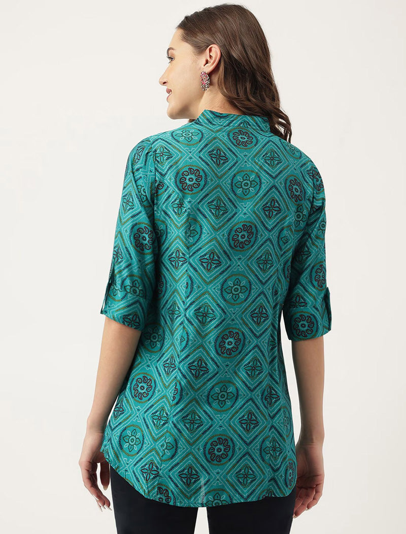 Turquoise Blue Geometric Printed Mandarin Collar Roll-Up Sleeves Shirt Style Top