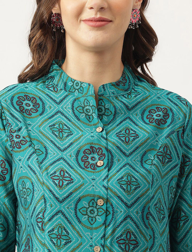 Turquoise Blue Geometric Printed Mandarin Collar Roll-Up Sleeves Shirt Style Top