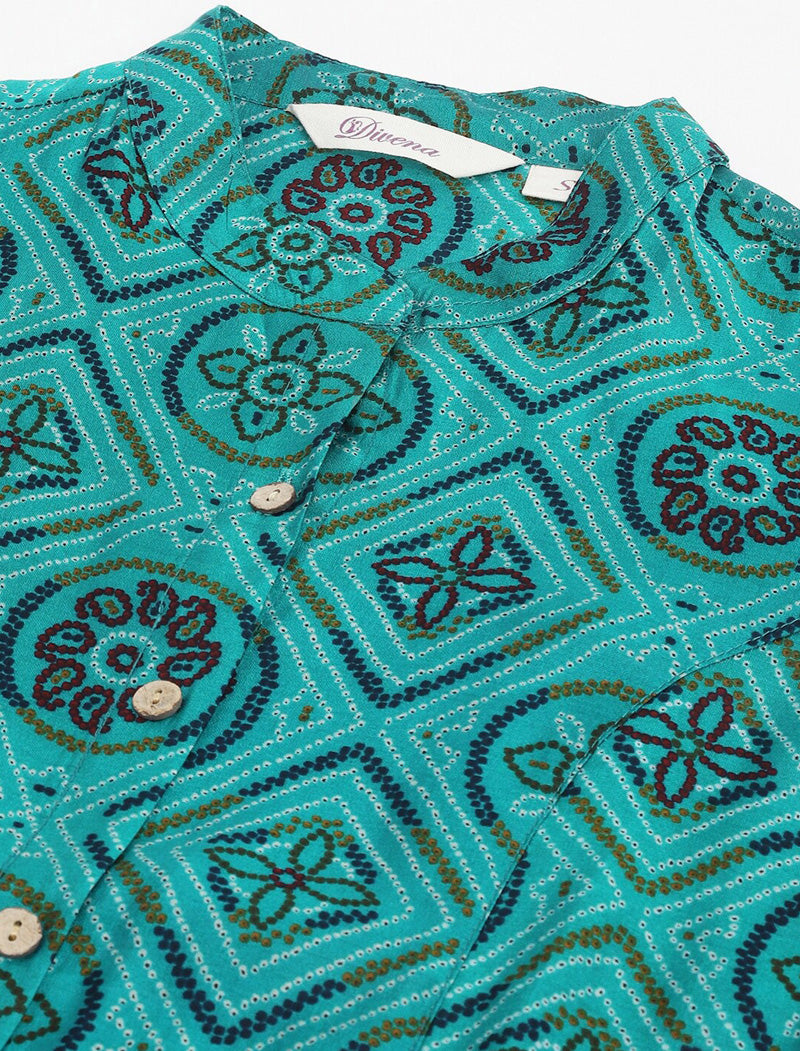Turquoise Blue Geometric Printed Mandarin Collar Roll-Up Sleeves Shirt Style Top