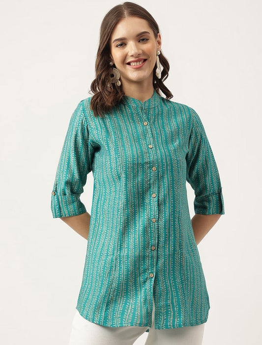 Teal Green Women Vertical Striped Mandarin Collar Roll-Up Sleeves Shirt Style Top