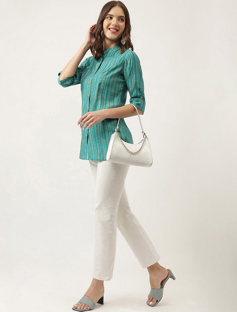 Teal Green Women Vertical Striped Mandarin Collar Roll-Up Sleeves Shirt Style Top
