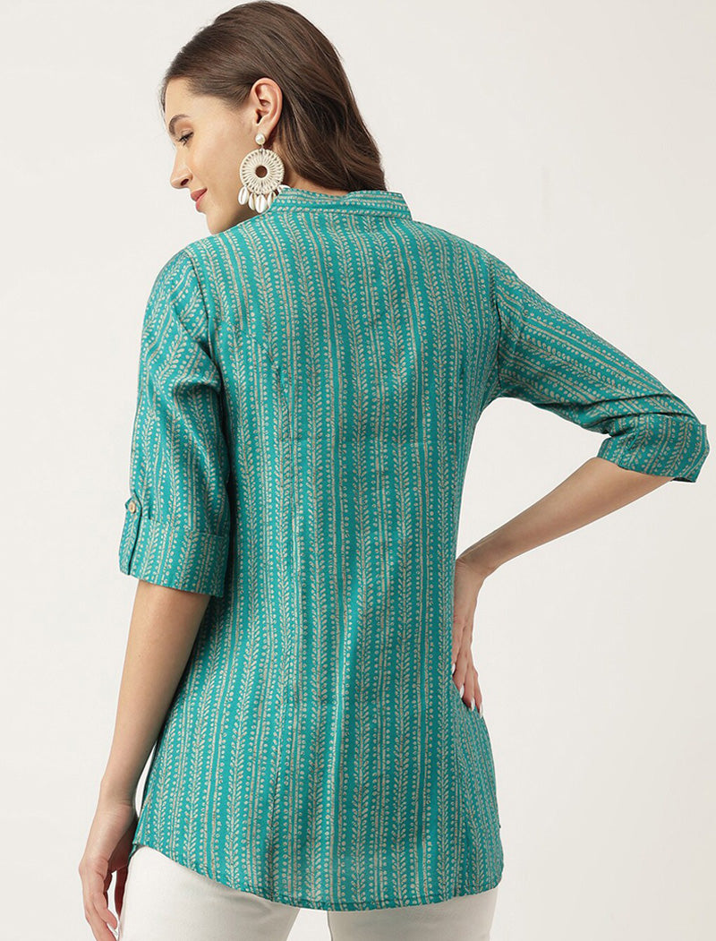 Teal Green Women Vertical Striped Mandarin Collar Roll-Up Sleeves Shirt Style Top