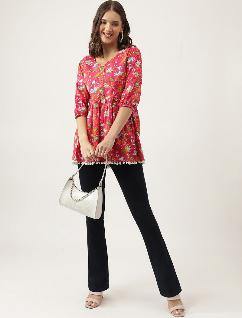 Pink Women Floral Printed V-Neck Cotton Peplum Regular Sleeves Top