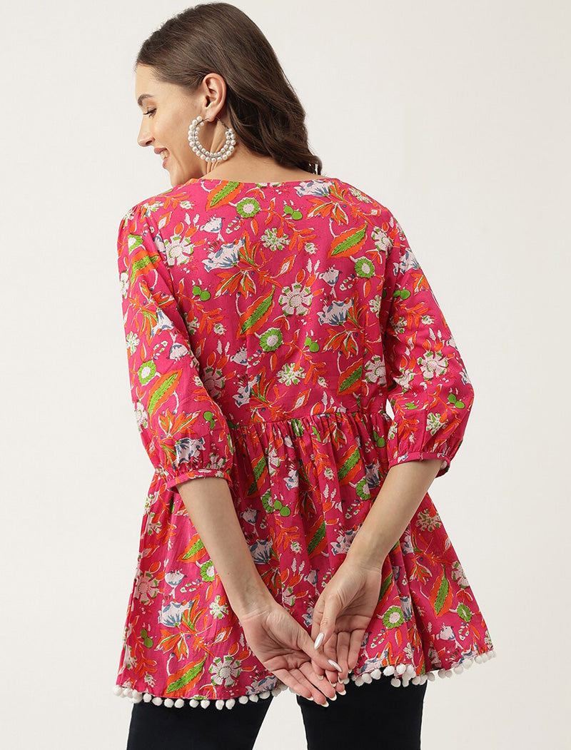 Pink Women Floral Printed V-Neck Cotton Peplum Regular Sleeves Top