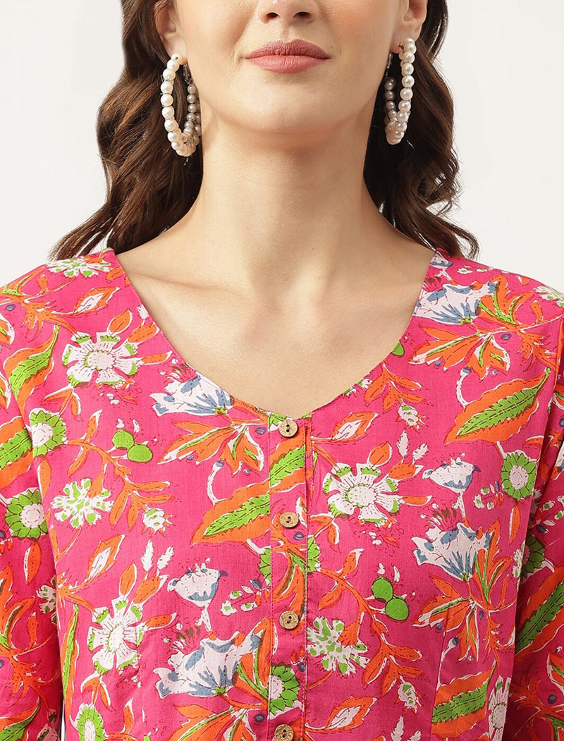 Pink Women Floral Printed V-Neck Cotton Peplum Regular Sleeves Top